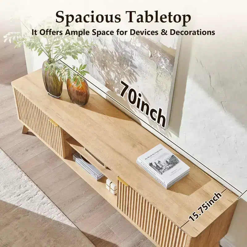 Meuble TV moderne de 70 po, Centre de divertissement pour téléviseurs jusqu'à 80 po, Console multimédia en bois avec rangement ouvert et armoires latérales