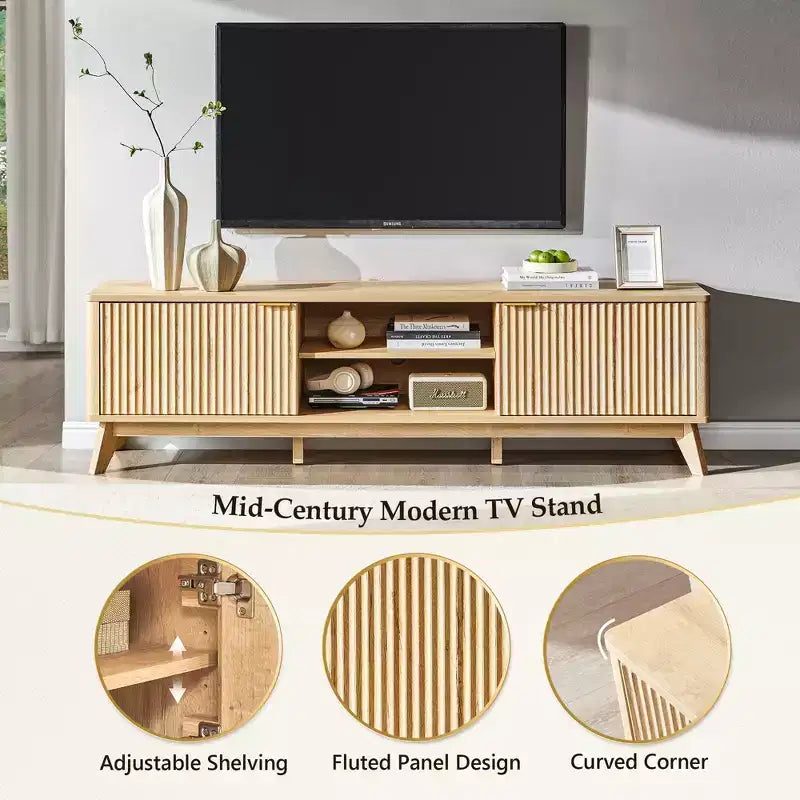Meuble TV moderne de 70 po, Centre de divertissement pour téléviseurs jusqu'à 80 po, Console multimédia en bois avec rangement ouvert et armoires latérales