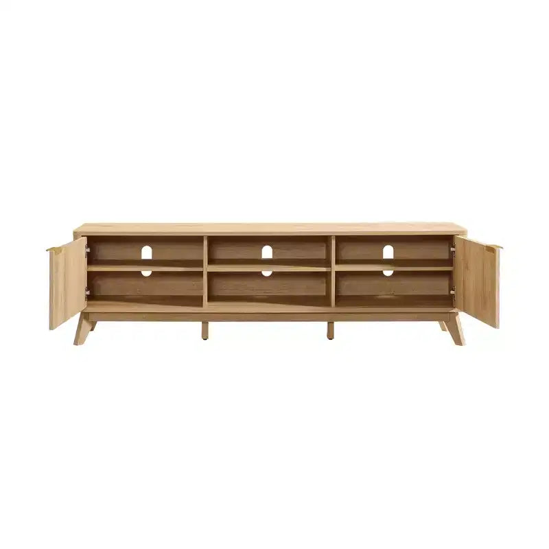 Meuble TV moderne de 70 po, Centre de divertissement pour téléviseurs jusqu'à 80 po, Console multimédia en bois avec rangement ouvert et armoires latérales