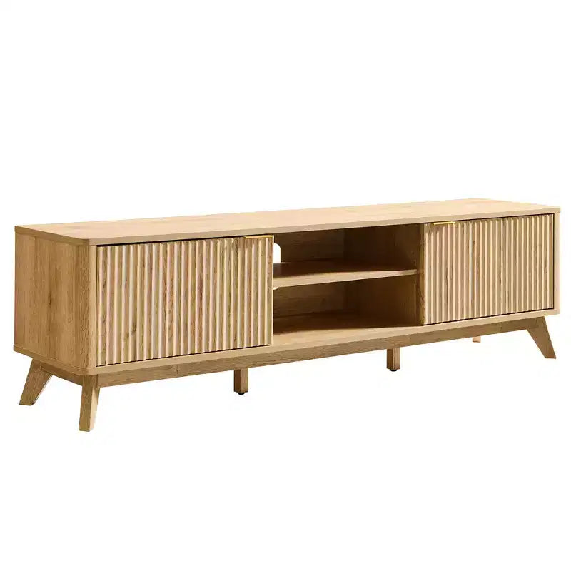 Meuble TV moderne de 70 po, Centre de divertissement pour téléviseurs jusqu'à 80 po, Console multimédia en bois avec rangement ouvert et armoires latérales