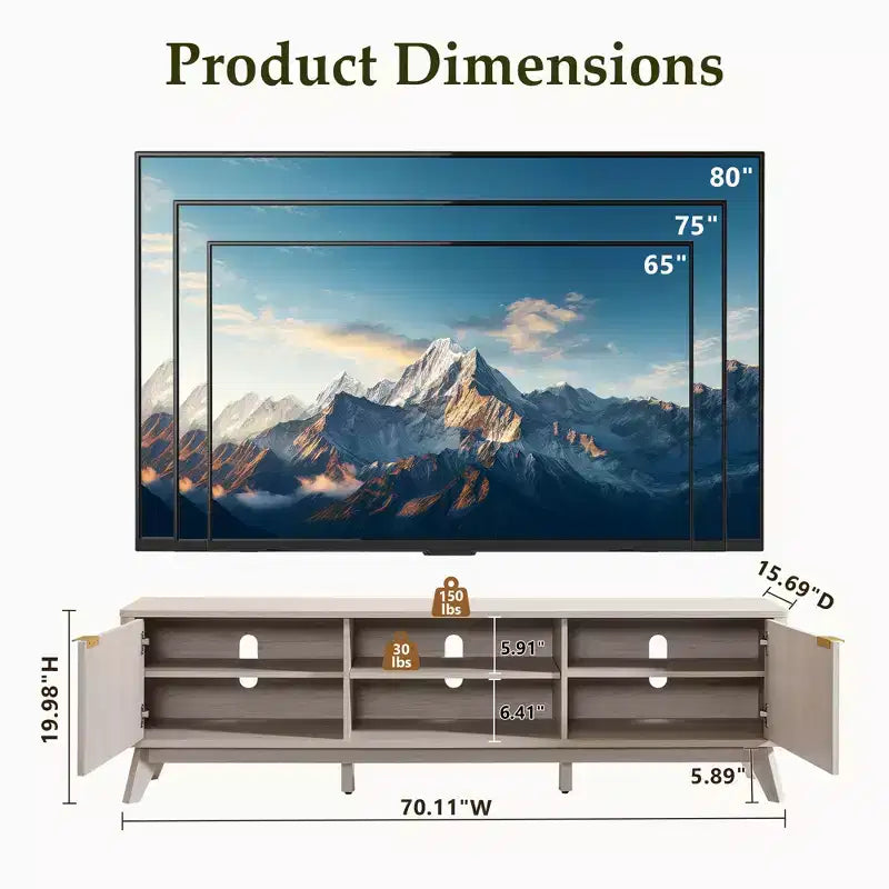 Meuble TV moderne de 70 po, Centre de divertissement pour téléviseurs jusqu'à 80 po, Console multimédia en bois avec rangement ouvert et armoires latérales