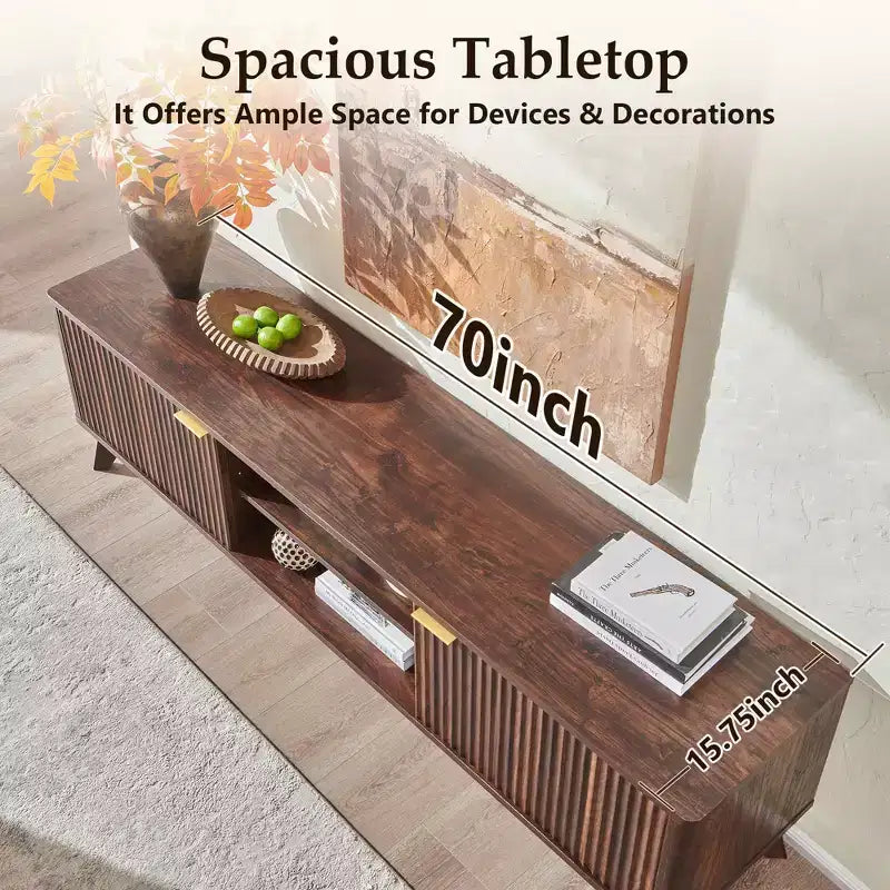 Meuble TV moderne de 70 po, Centre de divertissement pour téléviseurs jusqu'à 80 po, Console multimédia en bois avec rangement ouvert et armoires latérales