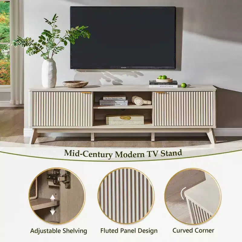 Meuble TV moderne de 70 po, Centre de divertissement pour téléviseurs jusqu'à 80 po, Console multimédia en bois avec rangement ouvert et armoires latérales