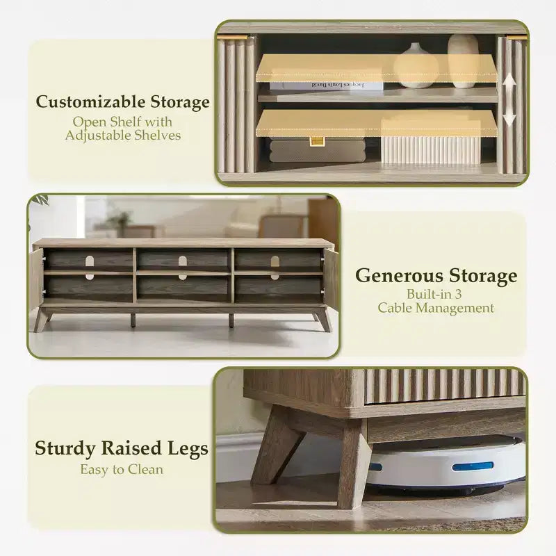 Meuble TV moderne de 70 po, Centre de divertissement pour téléviseurs jusqu'à 80 po, Console multimédia en bois avec rangement ouvert et armoires latérales