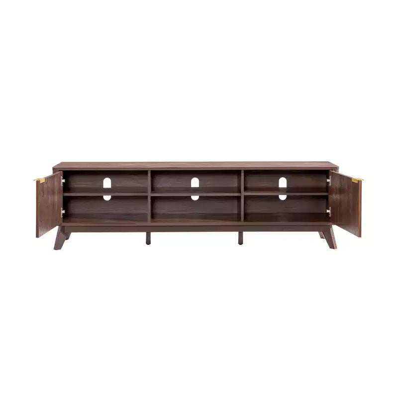 Meuble TV moderne de 70 po, Centre de divertissement pour téléviseurs jusqu'à 80 po, Console multimédia en bois avec rangement ouvert et armoires latérales