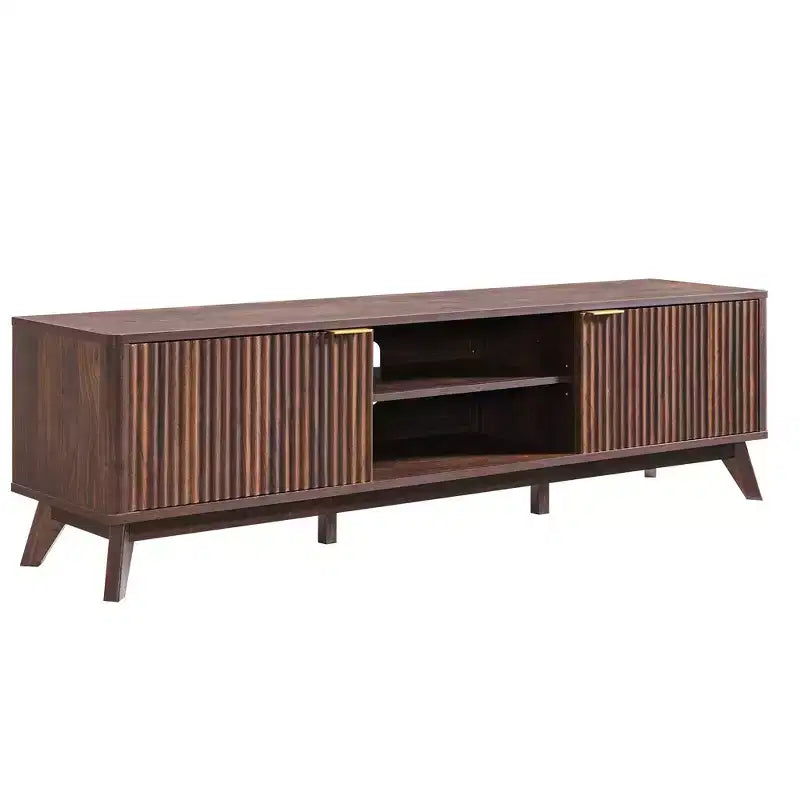 Meuble TV moderne de 70 po, Centre de divertissement pour téléviseurs jusqu'à 80 po, Console multimédia en bois avec rangement ouvert et armoires latérales