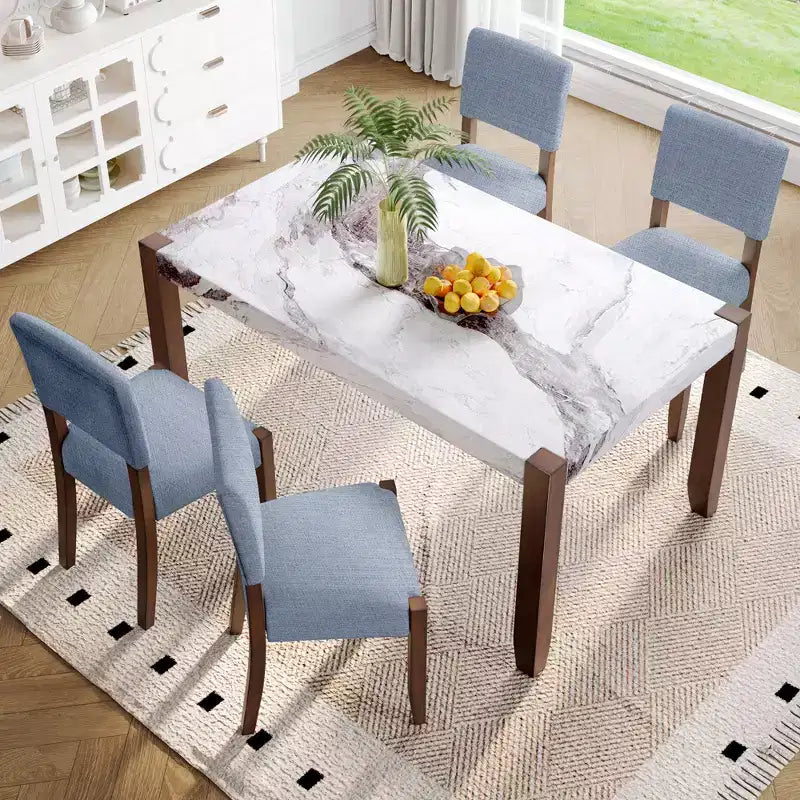 Ensemble de salle à manger en faux marbre pour 4 personnes, table à manger rectangulaire 5 pièces avec 4 chaises rembourrées pour petite cuisine