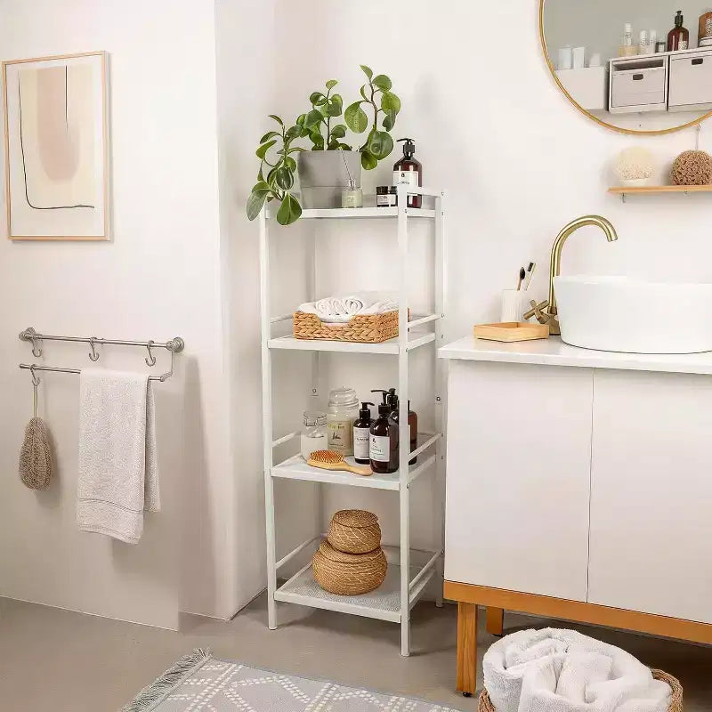 Étagère de salle de bain à 3 ou 4 niveaux, étagère échelle pour le rangement de salle de bain, conception peu encombrante, étagère autoportante, solution de rangement élégante pour la maison et le bureau.
