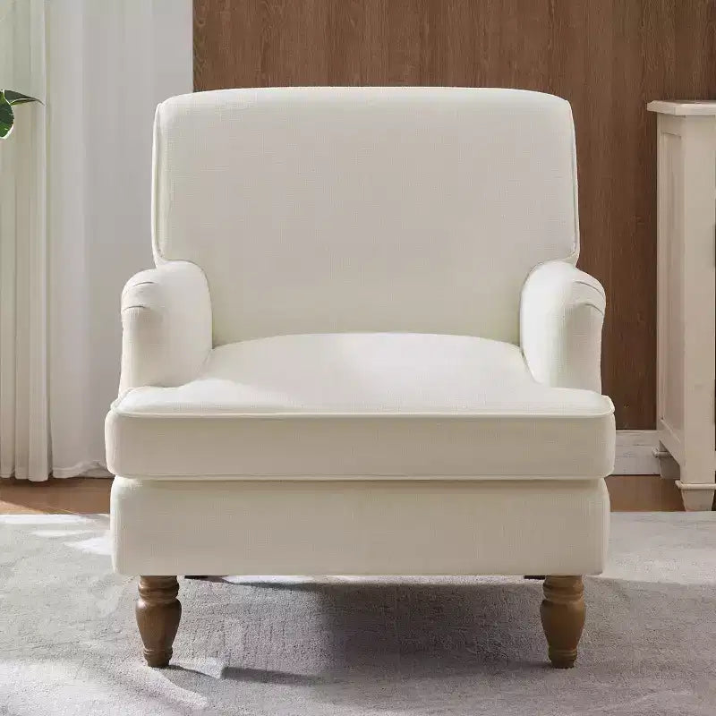 Fauteuil d'appoint vintage Etokfoks en lin rembourré crème avec pieds en bois massif, accoudoirs arrondis et coussin épais pour salon et chambre à coucher