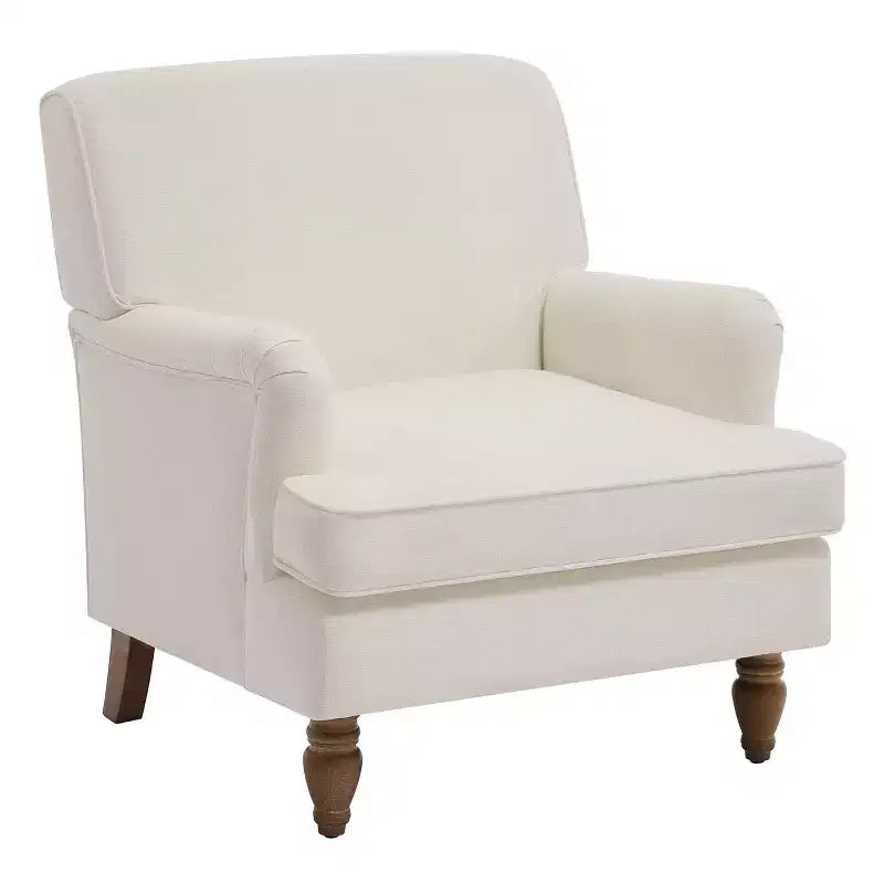 Fauteuil d'appoint vintage Etokfoks en lin rembourré crème avec pieds en bois massif, accoudoirs arrondis et coussin épais pour salon et chambre à coucher