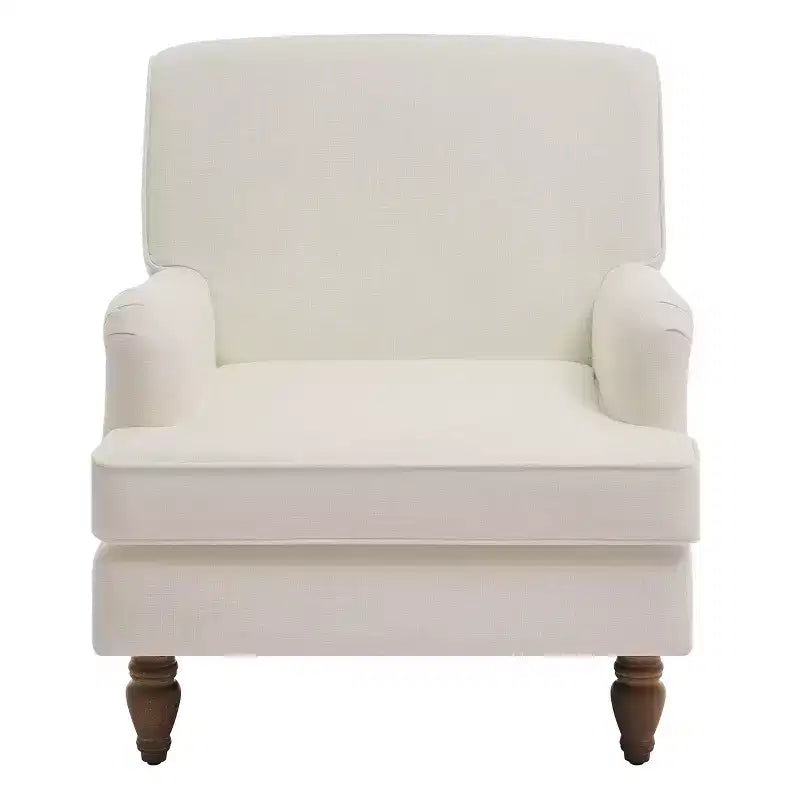 Fauteuil d'appoint vintage Etokfoks en lin rembourré crème avec pieds en bois massif, accoudoirs arrondis et coussin épais pour salon et chambre à coucher