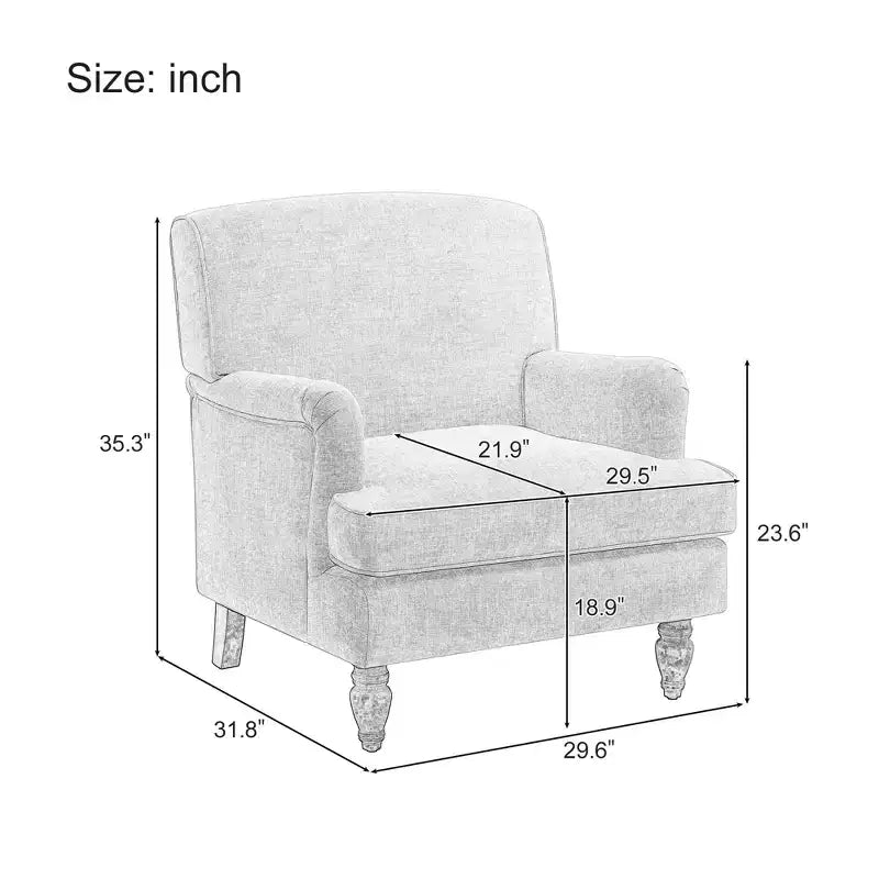 Fauteuil d'appoint vintage Etokfoks en lin rembourré crème avec pieds en bois massif, accoudoirs arrondis et coussin épais pour salon et chambre à coucher
