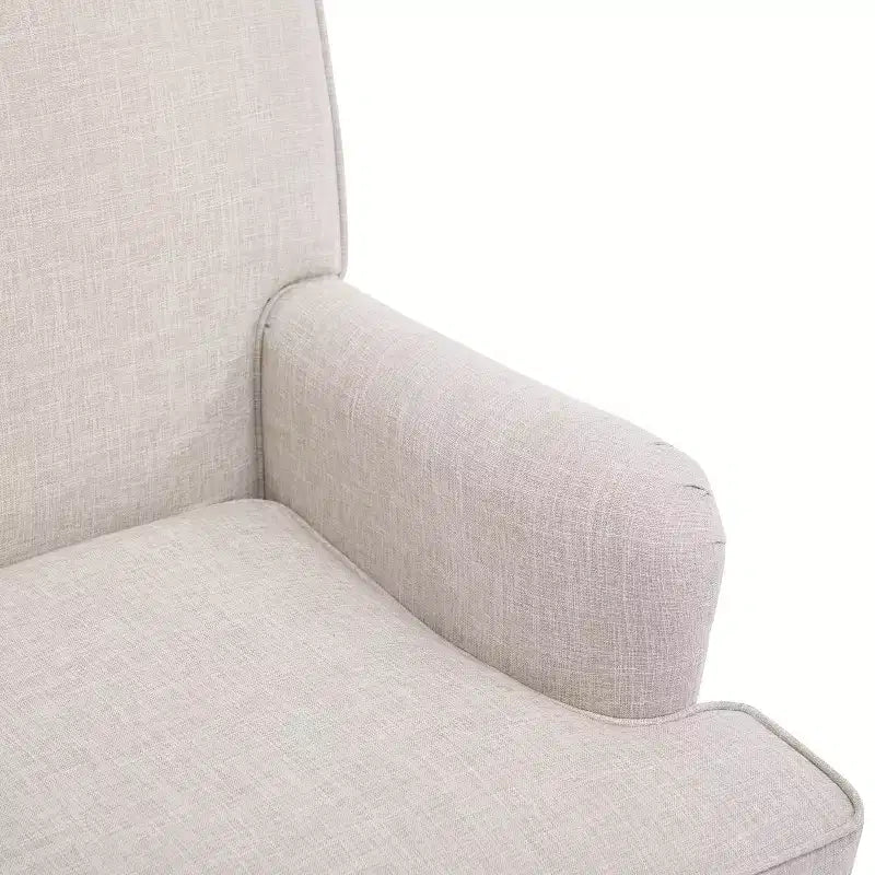 Fauteuil d'appoint vintage Etokfoks en lin rembourré crème avec pieds en bois massif, accoudoirs arrondis et coussin épais pour salon et chambre à coucher