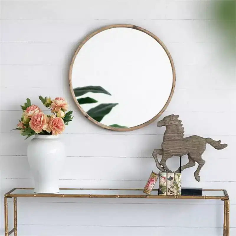 Miroir mural rustique rond en bois de 28", miroir décoratif circulaire en bois de sapin de style ferme pour entrée et salon - Panipeachy