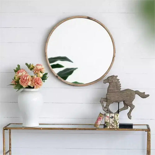 Miroir mural rustique rond en bois de 28", miroir décoratif circulaire en bois de sapin de style ferme pour entrée et salon - Panipeachy