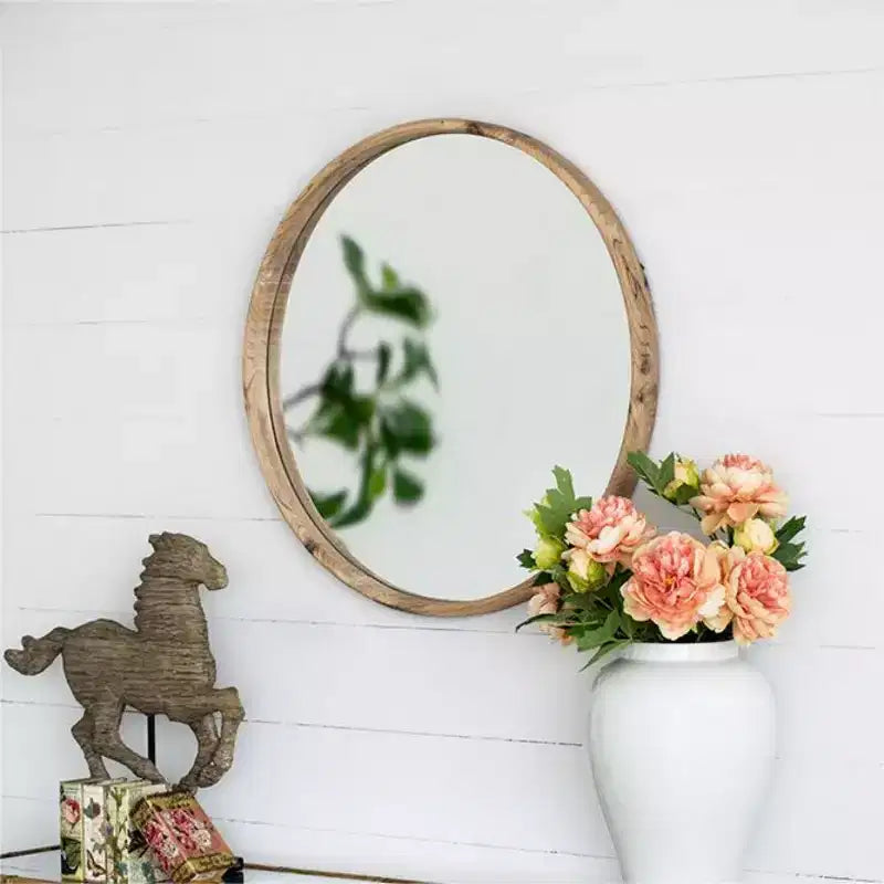 Miroir mural rustique rond en bois de 28", miroir décoratif circulaire en bois de sapin de style ferme pour entrée et salon - Panipeachy