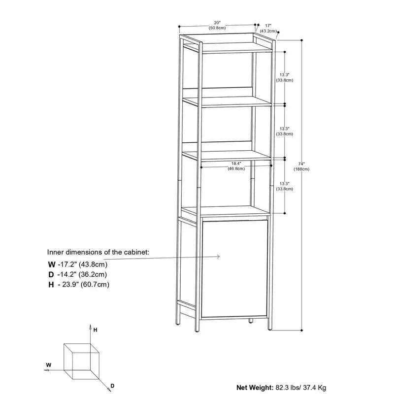 Bibliothèque étroite moderne industrielle Paola en bois de manguier massif de 188 cm x 50,8 cm avec armoire, couleur naturelle
