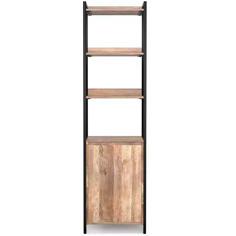 Bibliothèque étroite moderne industrielle Paola en bois de manguier massif de 188 cm x 50,8 cm avec armoire, couleur naturelle