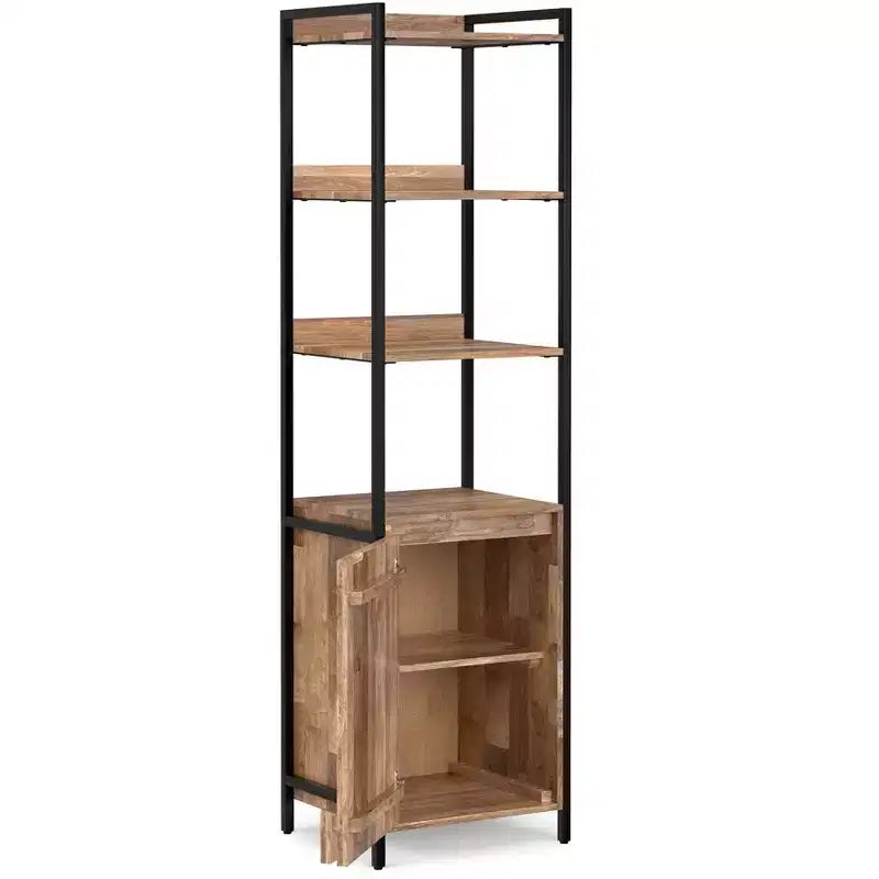Bibliothèque étroite moderne industrielle Paola en bois de manguier massif de 188 cm x 50,8 cm avec armoire, couleur naturelle