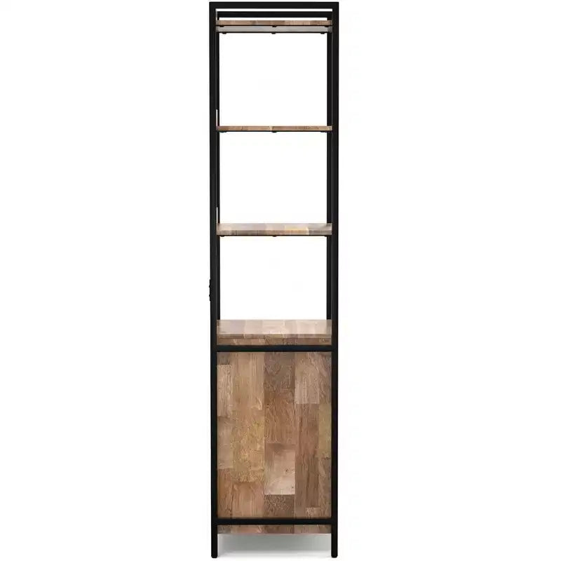 Bibliothèque étroite moderne industrielle Paola en bois de manguier massif de 188 cm x 50,8 cm avec armoire, couleur naturelle
