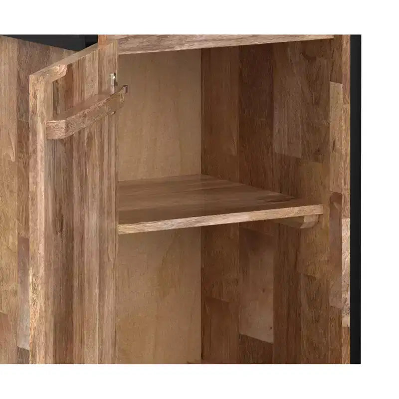 Bibliothèque étroite moderne industrielle Paola en bois de manguier massif de 188 cm x 50,8 cm avec armoire, couleur naturelle