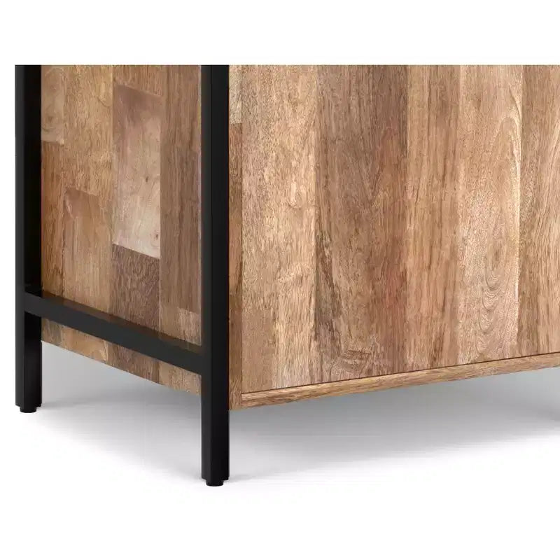 Bibliothèque étroite moderne industrielle Paola en bois de manguier massif de 188 cm x 50,8 cm avec armoire, couleur naturelle