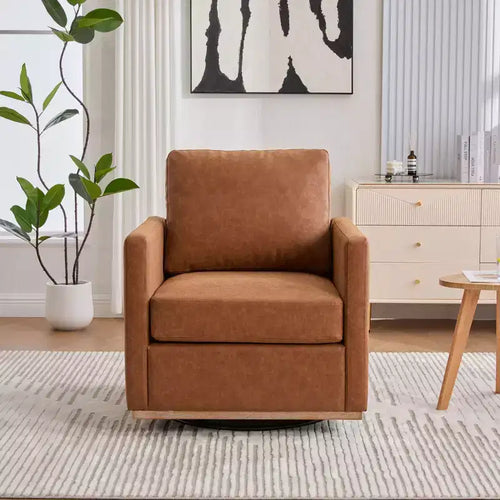 Fauteuil pivotant de salon en PU marron de 78 cm de large avec accoudoirs carrés, pivotant à 360 degrés, pour salon et chambre à coucher