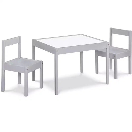 Etokfoks 3 Piece Kids Dry Erase Table and Two Chair Set Gray Solid Wood Durable Construction Easy to Clean Creative Art and Play Space