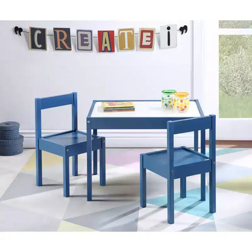 Ensemble de 3 pièces pour enfants : 1 table et 2 chaises effaçables à sec, en bois massif séché au four, finition durable, couleur bleu foncé, pour activités créatives
