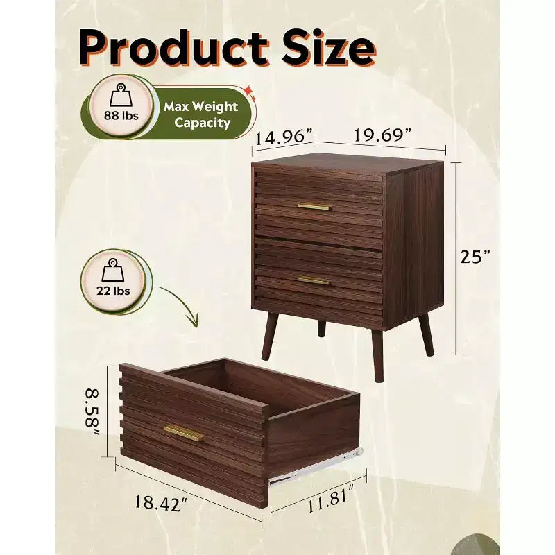 BALHAM TRADE-2 Tables de chevet modernes en bois avec 2 tiroirs, tables d'appoint cannelées pour chambre à coucher et salon