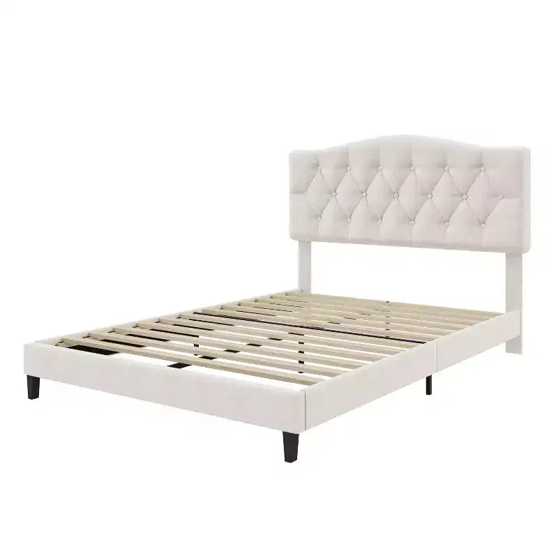 Lit plateforme rembourré double/grand lit/très grand lit avec tête de lit réglable incurvée en forme de selle et capitonnée en losanges, cadre de lit en bois pour chambre à coucher