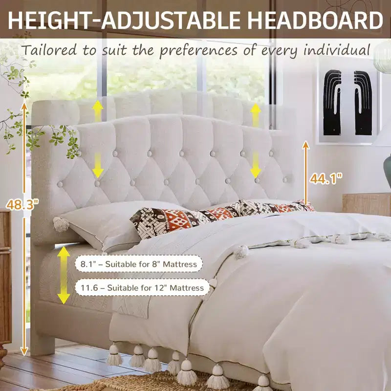 Lit plateforme rembourré double/grand lit/très grand lit avec tête de lit réglable incurvée en forme de selle et capitonnée en losanges, cadre de lit en bois pour chambre à coucher