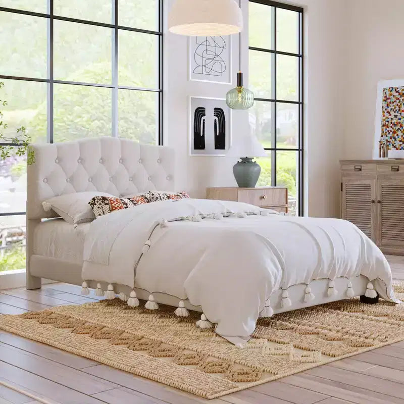 Lit plateforme rembourré double/grand lit/très grand lit avec tête de lit réglable incurvée en forme de selle et capitonnée en losanges, cadre de lit en bois pour chambre à coucher