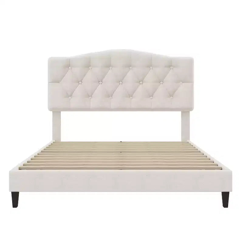Lit plateforme rembourré double/grand lit/très grand lit avec tête de lit réglable incurvée en forme de selle et capitonnée en losanges, cadre de lit en bois pour chambre à coucher
