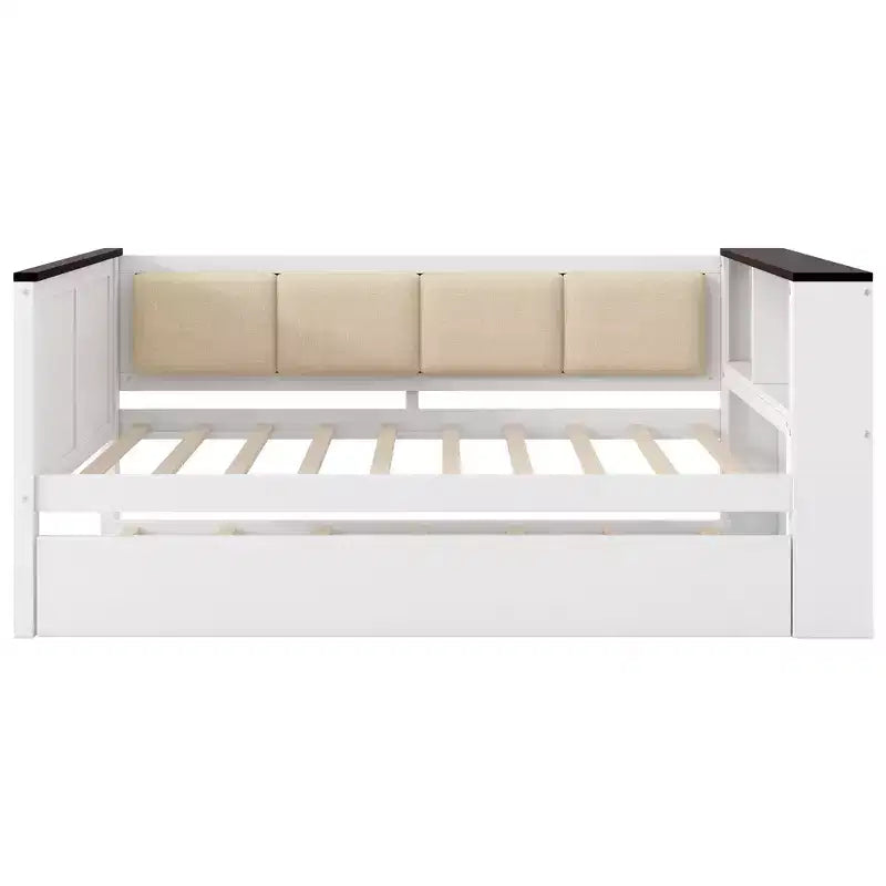 Lit de repos en bois double/complet avec étagères de rangement et lit gigogne, lit de repos avec dossier rembourré et USB