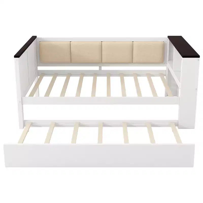 Lit de repos en bois double/complet avec étagères de rangement et lit gigogne, lit de repos avec dossier rembourré et USB