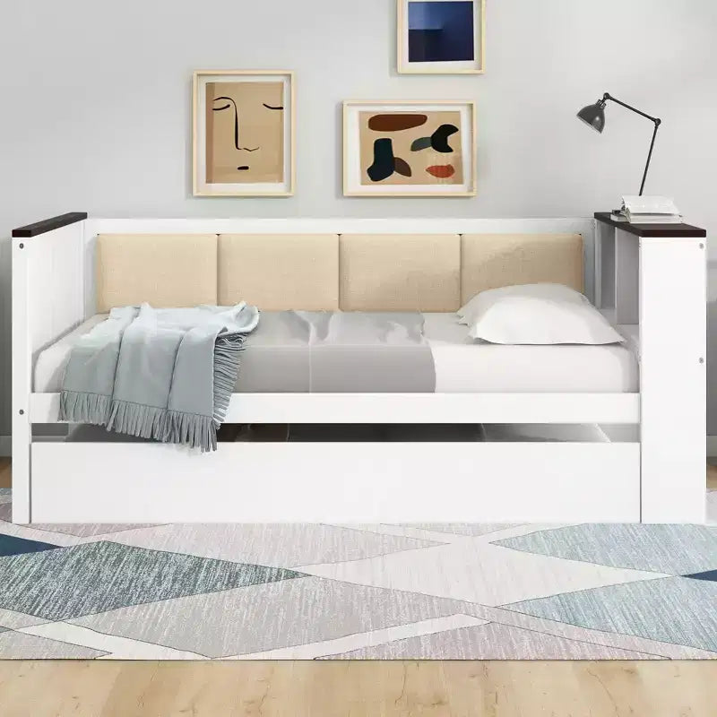 Lit de repos en bois double/complet avec étagères de rangement et lit gigogne, lit de repos avec dossier rembourré et USB