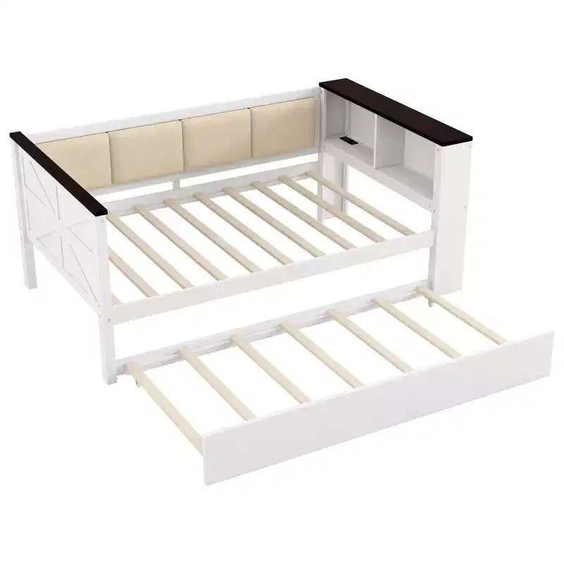 Lit de repos en bois double/complet avec étagères de rangement et lit gigogne, lit de repos avec dossier rembourré et USB