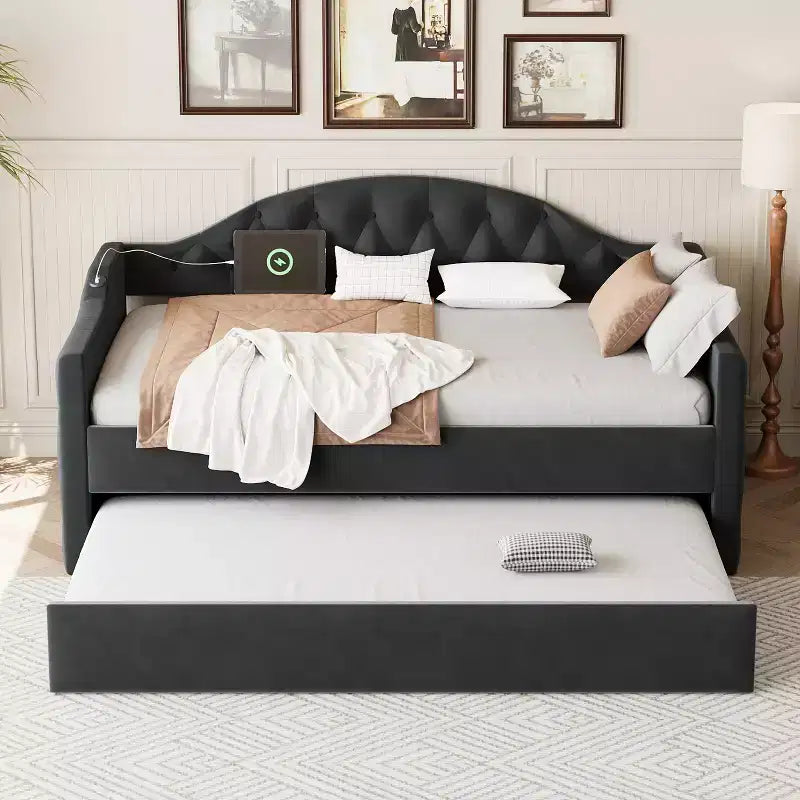 Lit de repos capitonné avec tiroir-lit, lit de repos simple en velours pour chambre à coucher