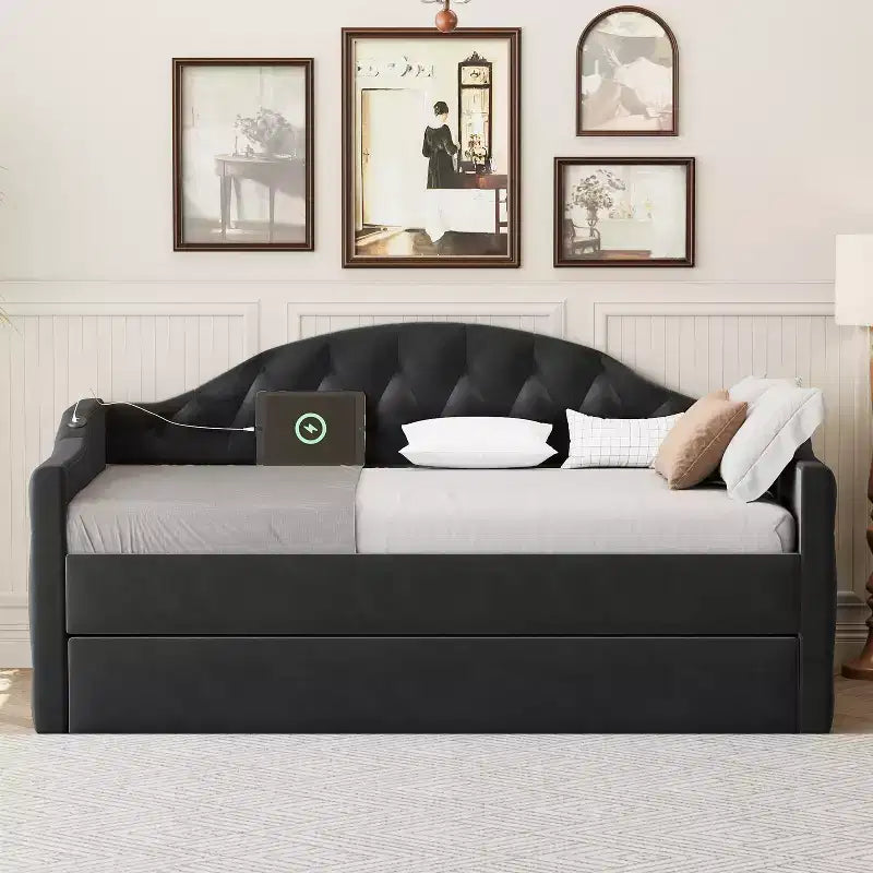 Lit de repos capitonné avec tiroir-lit, lit de repos simple en velours pour chambre à coucher