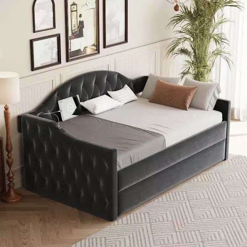 Lit de repos capitonné avec tiroir-lit, lit de repos simple en velours pour chambre à coucher