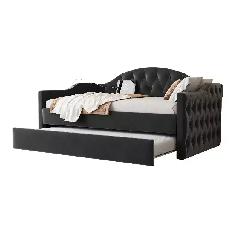Lit de repos capitonné avec tiroir-lit, lit de repos simple en velours pour chambre à coucher
