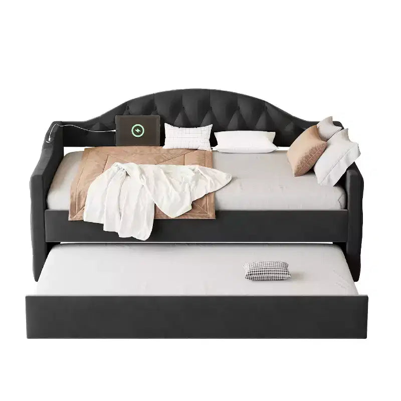 Lit de repos capitonné avec tiroir-lit, lit de repos simple en velours pour chambre à coucher