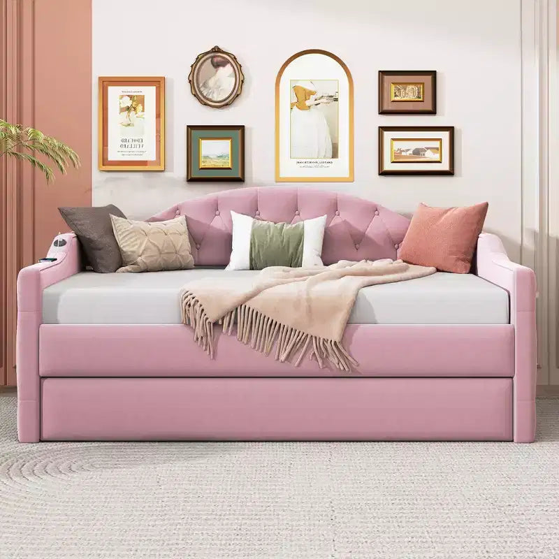 Lit de repos capitonné avec tiroir-lit, lit de repos simple en velours pour chambre à coucher