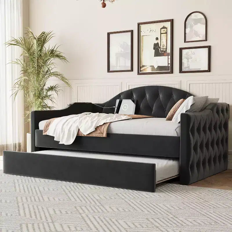 Lit de repos capitonné avec tiroir-lit, lit de repos simple en velours pour chambre à coucher