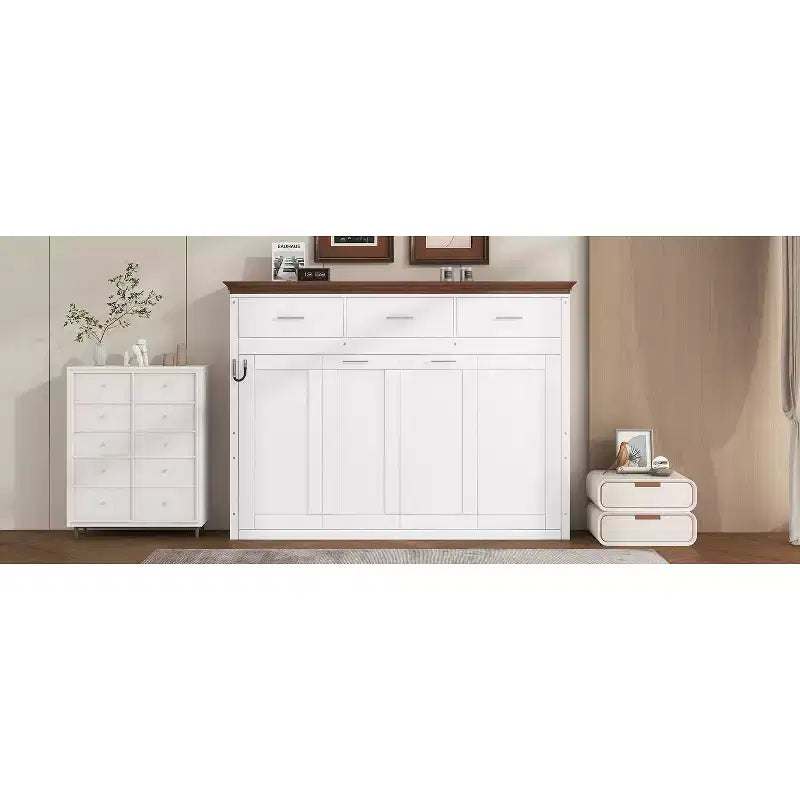 Lit escamotable double, Lit armoire double en bois avec 3 tiroirs, Lit coffre mural pliable pour chambre d'amis/bureau, Blanc