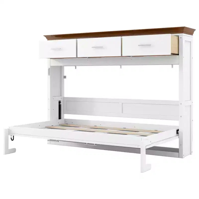 Lit escamotable double, Lit armoire double en bois avec 3 tiroirs, Lit coffre mural pliable pour chambre d'amis/bureau, Blanc