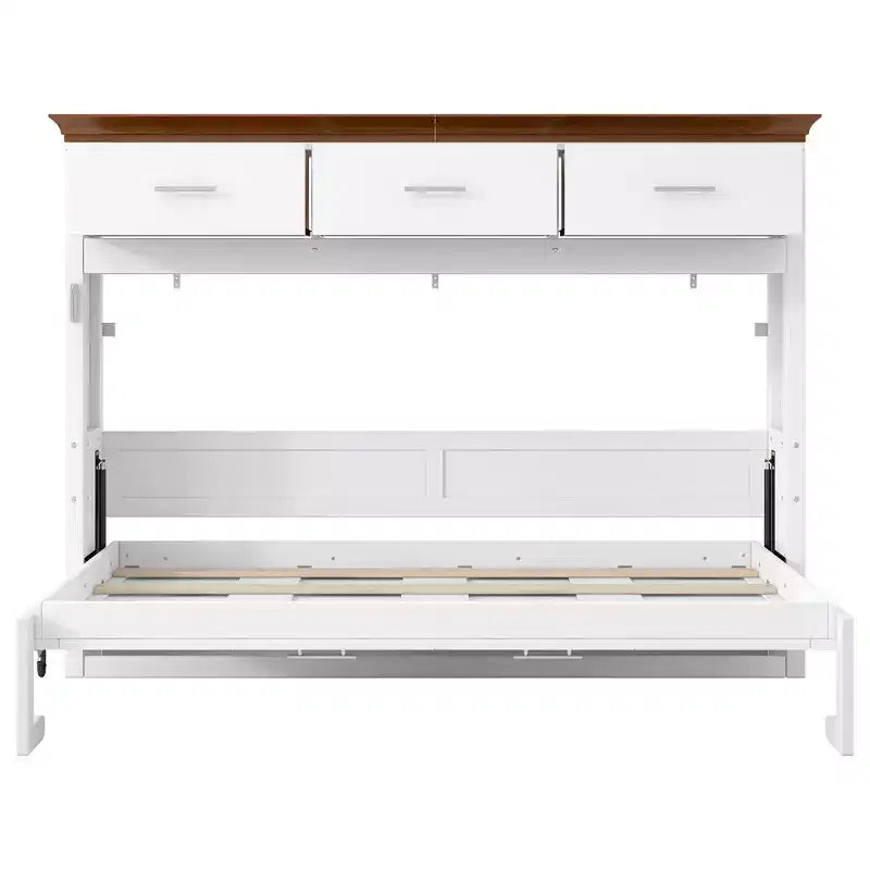 Lit escamotable double, Lit armoire double en bois avec 3 tiroirs, Lit coffre mural pliable pour chambre d'amis/bureau, Blanc