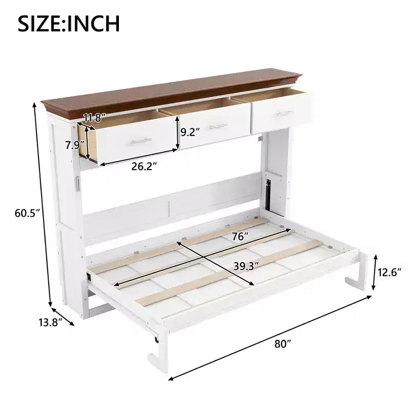 Lit escamotable double, Lit armoire double en bois avec 3 tiroirs, Lit coffre mural pliable pour chambre d'amis/bureau, Blanc