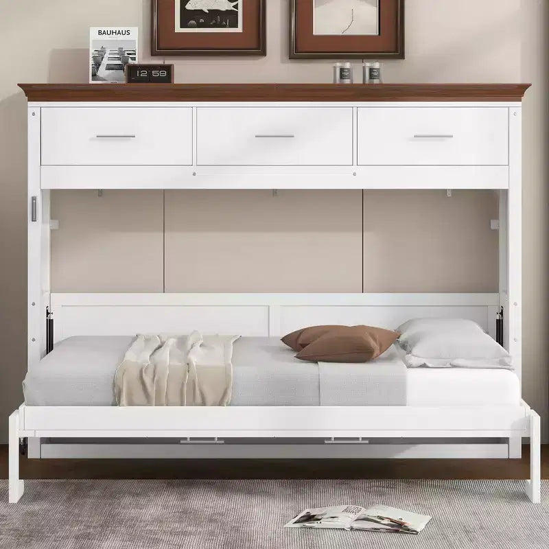 Lit escamotable double, Lit armoire double en bois avec 3 tiroirs, Lit coffre mural pliable pour chambre d'amis/bureau, Blanc